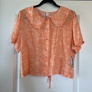BP Orange Floral Button Up Peter Pan Collar Puff Sleeve Crop Top Size XL | NWT